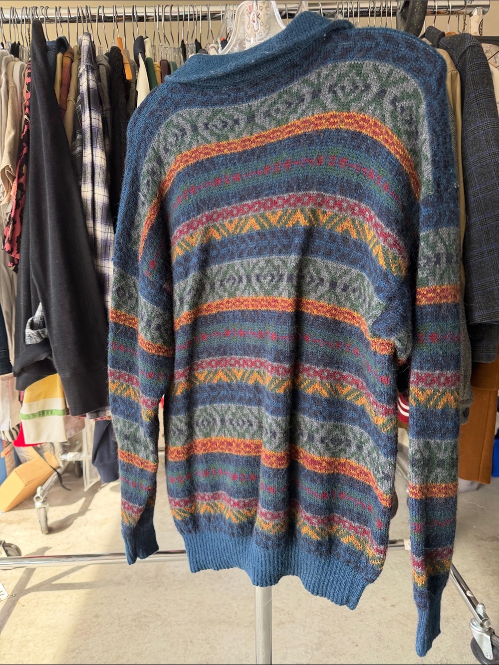 Alpaca Wool Men's Blue Patterned Half-Zip Sweater - Picture 3 of 4